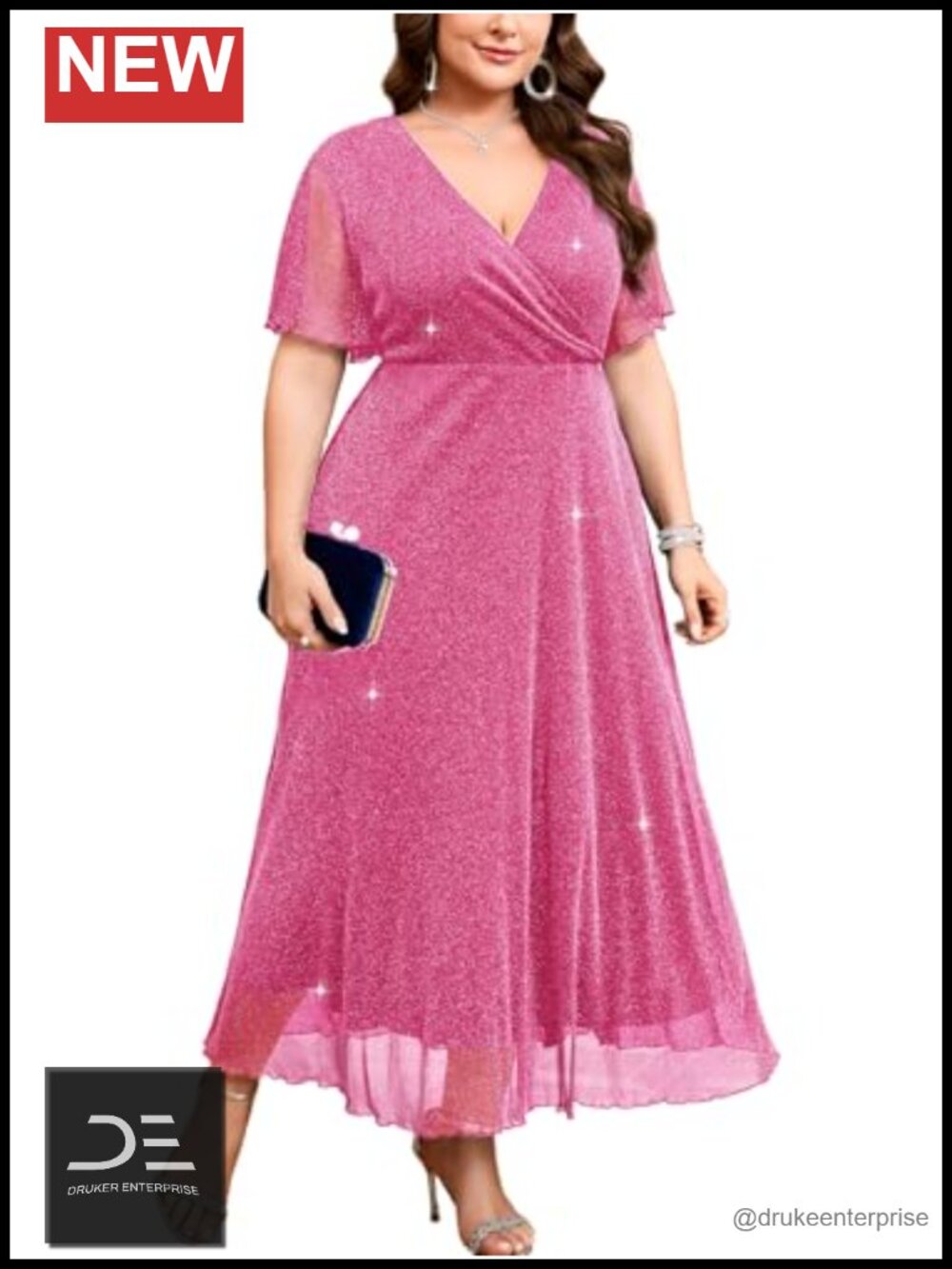 Plus Size Sparkly Mesh Maxi Dress Ruffle Sleeve A-Line Formal Gown